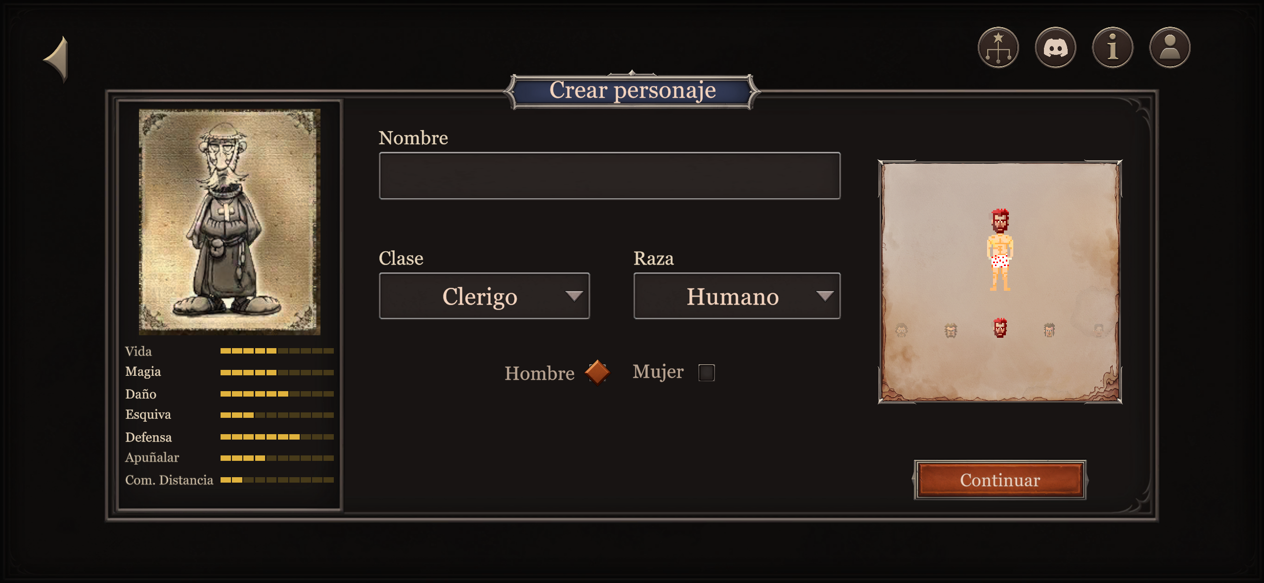 Pantalla de creación de personaje de Mobile AO con campos para nombre, clase y raza, y vista previa del sprite