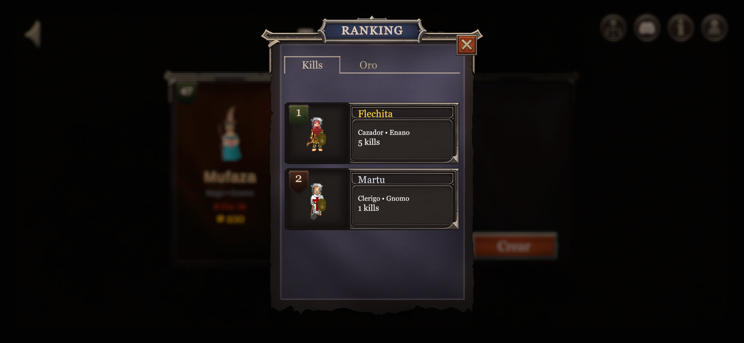 Ranking global de Mobile AO con dos pestañas, Kills y Oro, mostrando a Flechita primero y Martu segundo