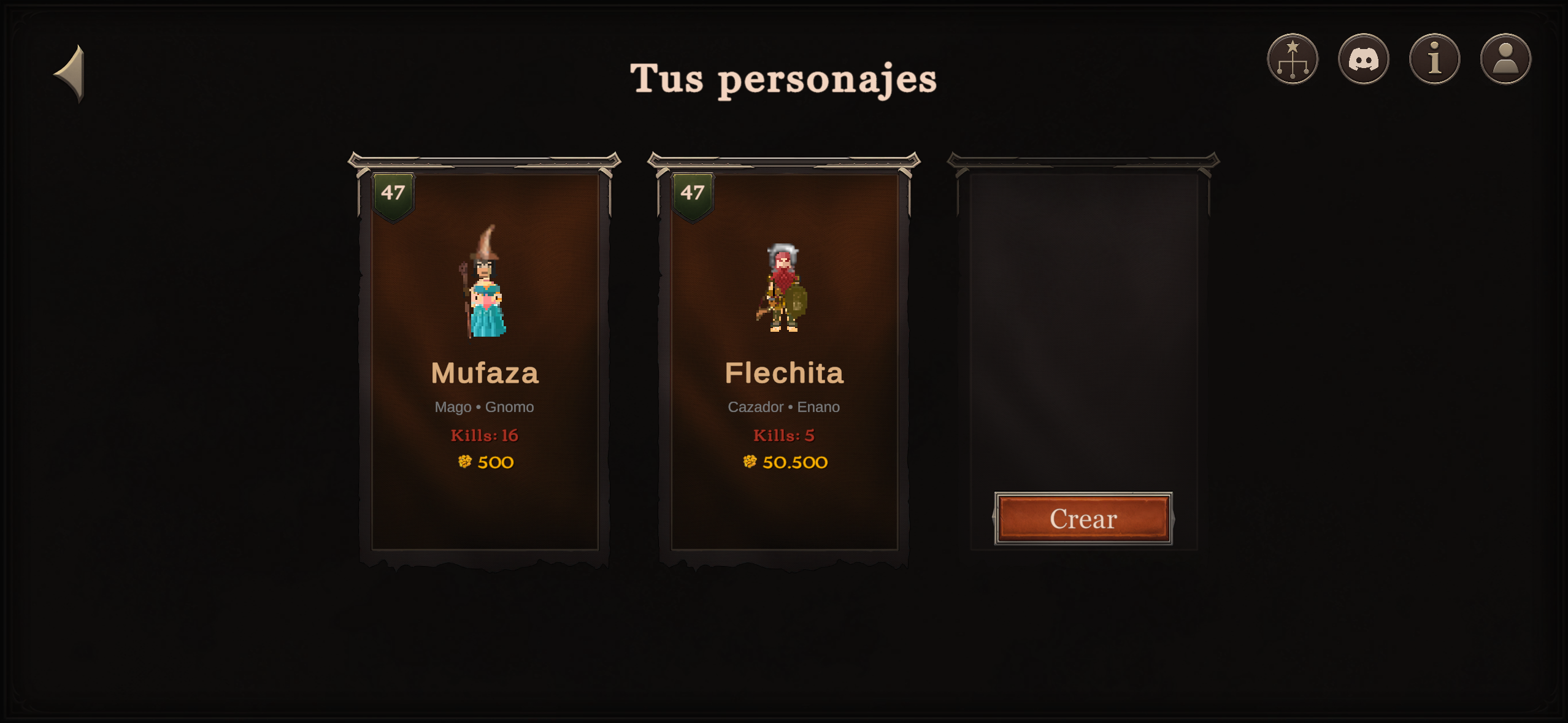 Pantalla de selección de personajes de Mobile AO con dos personajes guardados (Mufaza y Flechita) y un slot vacío para crear uno nuevo
