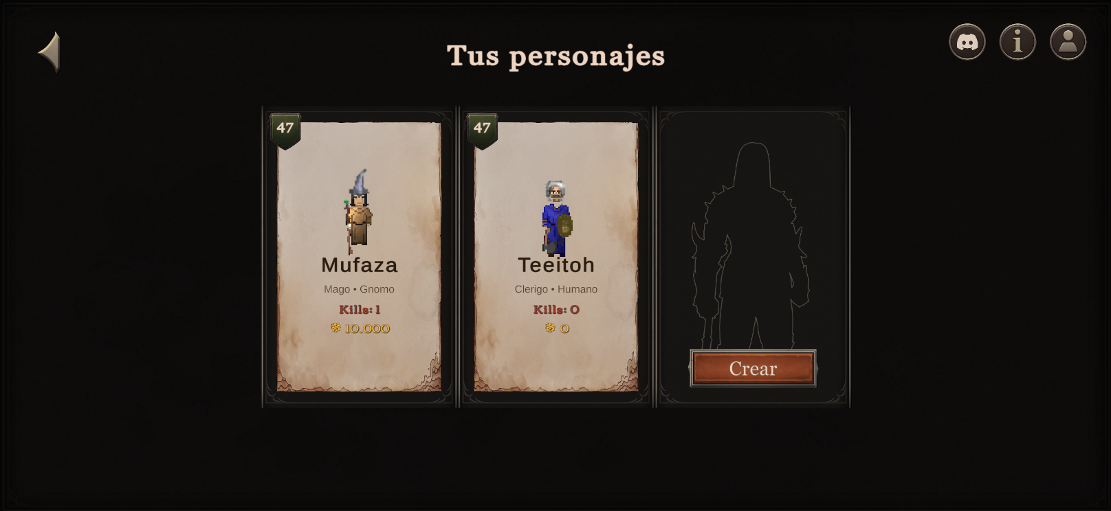 Pantalla de selección de personajes con dos personajes guardados y un slot vacío para crear uno nuevo en Mobile AO