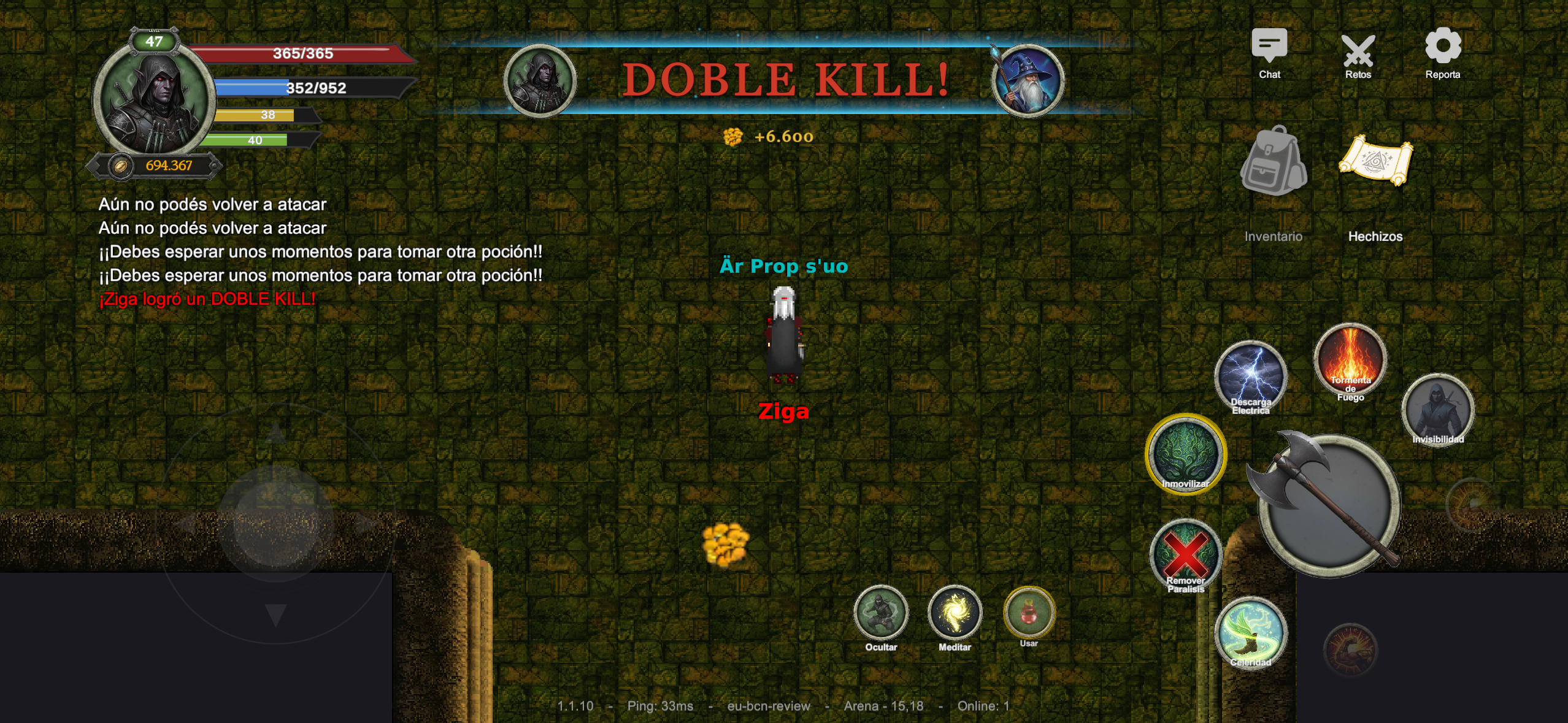 Pantalla de Mobile AO mostrando un "DOBLE KILL!" de las nuevas Rachas de Muertes, con el oro ganado y los orbits de hechizos del druida a la derecha