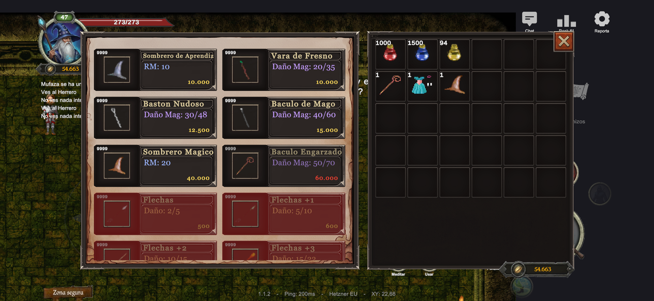 Merchant window mejorada de Mobile AO con báculos, sombreros y varas a la venta, e inventario del jugador a la derecha