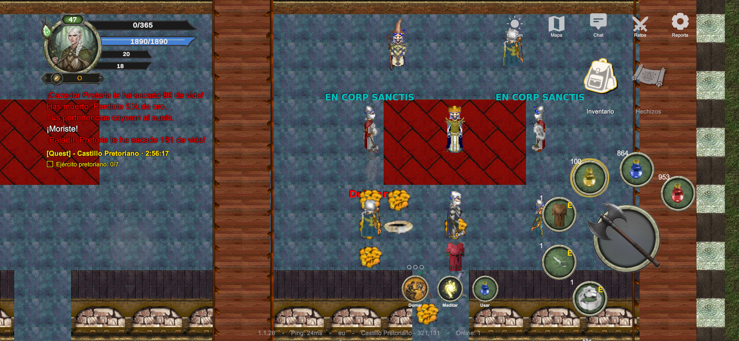 Interior del Castillo Pretoriano durante el evento diario de conquista, con el Rey Pretoriano rodeado de su ejército y el tracker de la quest "Ejército pretoriano: 0/7"