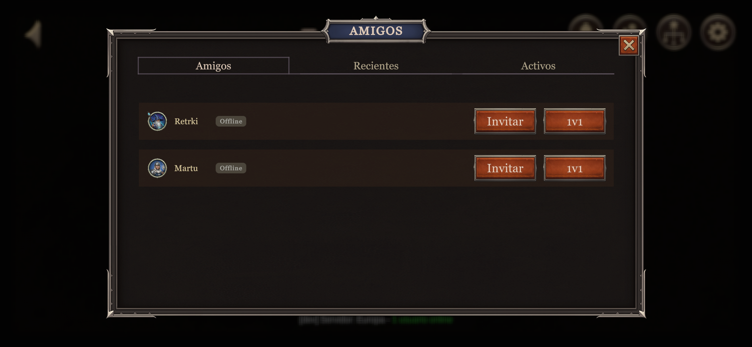 La nueva ventana de Amigos en Mobile AO, con las pestañas Amigos, Recientes y Activos, y botones para Invitar y retar 1v1 a cada jugador