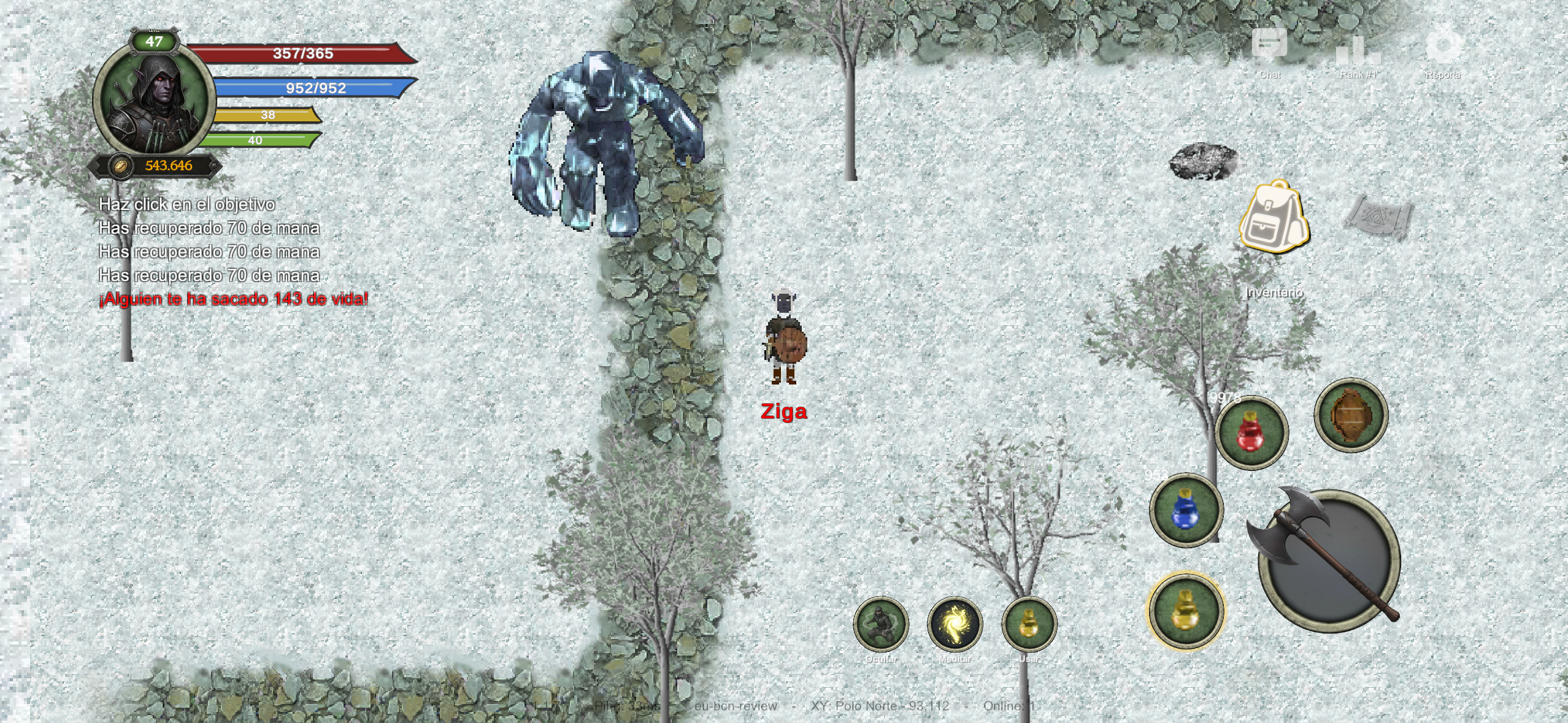 El Golem de Hielo en el nuevo mapa del Polo Norte en Mobile AO, con la barra de vida y el inventario del jugador a la vista